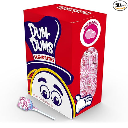 Dum Dums Bubble Gum Lollipops - Bulk Candy Box with Lollipops Individually Wrapped, Single Flavor Gourmet Suckers - 50 Count