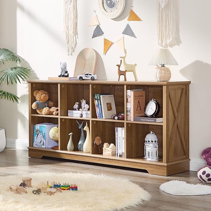 Book Shelf, 8 Cube Storage Organizer, 2-Tier Open Shelf Wooden Bookcase, Freestanding Wood Cube Storage Bookshelf for Bedroom, Living Room, Home Office (Natural Oak)