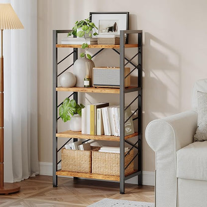 4 Tier Bookshelf, Industrial Bookcase with Metal Frame and Sidebars, Office Shelves for Small Spaces, Bedroom, Living Room, Rustic Brown
