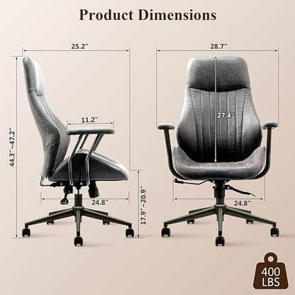 Mid Century Modren Office Chair - Fuax Leather Suede Brown Executive Chairs Ergonomic Mid Back with Lumbar Support, Swivel Computer Desk Task Chair with Wheels for Home Office (Grey, Hign Back)