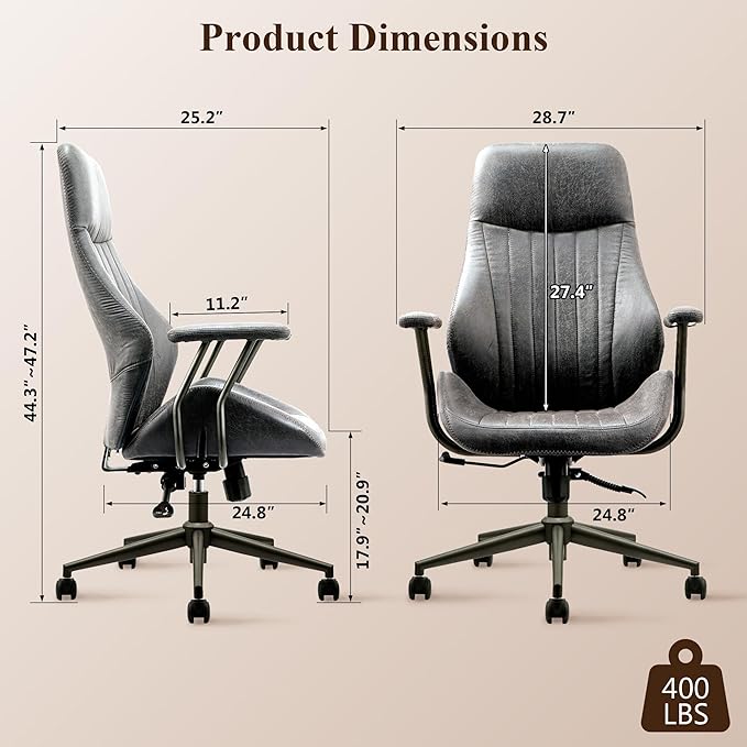 Mid Century Modren Office Chair,High Back Ergonomic Executive Chair with Lumbar Support, Computer Desk Swivel Task Chair with Wheels, Faux Lether Suede Fabric Home Chair (High Back, Grey)