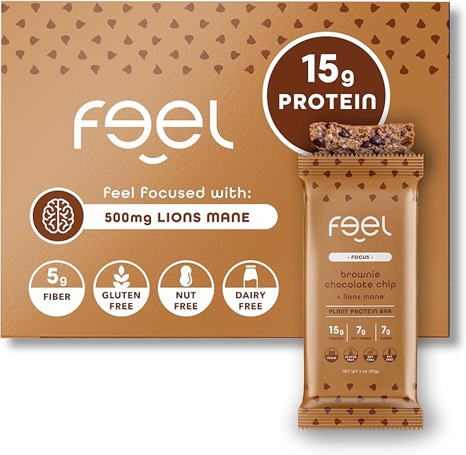 Feel Vegan Protein Bars | Brownie Chocolate Chip | Keto | Gluten Free | Organic | Lion’s Mane | 15g Plant Protein | Low Carb | High Protein | Dairy Free | Low Sugar | Nut, Grain, Soy Free | 10 Pack