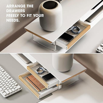 Fenge Acrylic Monitor Stand, 2 Tier Dual Monitor Riser with Solid Wood Drawers, 42.5 Inch Computer Stand for Two 27 Inch Monitors, Desk Shelf for PC, Laptop, Printer, TV, White