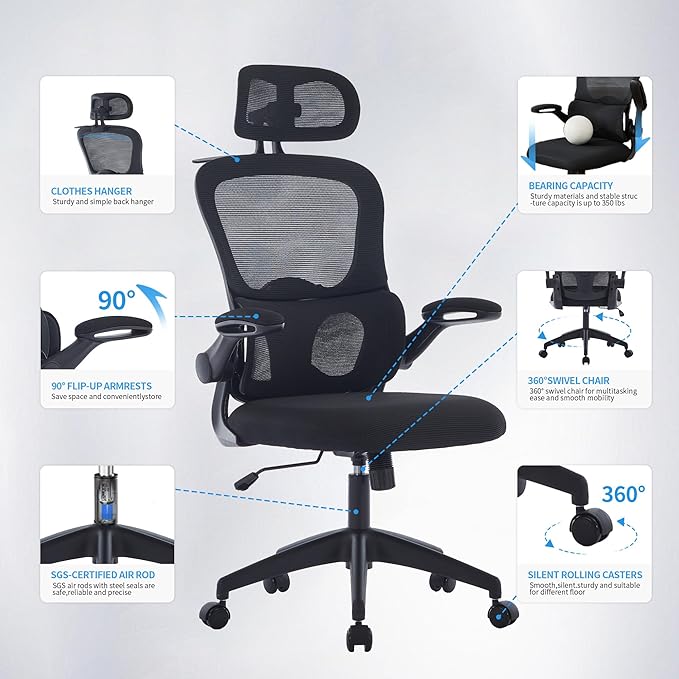 Ergonomic Mesh Office Chair, 400 lbs Capacity, High Back Desk Chair with Adjustable Lumbar Support, 3D Headrest, Flip-Up Armrests, and PU Wheels for Long Workdays and Home Office (Black)
