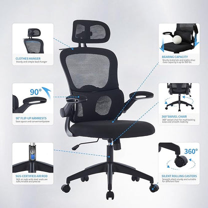 Ergonomic Mesh Office Chair, 400 lbs Capacity, High Back Desk Chair with Adjustable Lumbar Support, 3D Headrest, Flip-Up Armrests, and PU Wheels for Long Workdays and Home Office (Black)