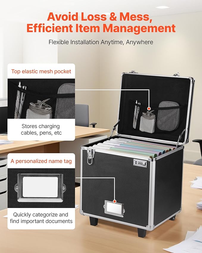 VEVOR Portable File Storage Box, 15.6 x 12.6 x 15 inch Internal Chest Size, Locking Mobile Business Case with Telescopic Handle, Hand pull File Case for Office Home, Offices, Hospitals, Banks