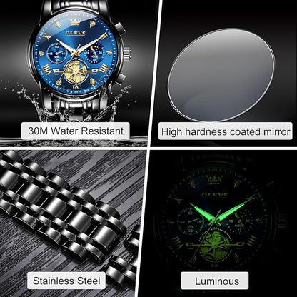 OLEVS Men Watches Stainless Steel Chronograph Watch, Large Wrist Analog Quartz Watch, Fashion Waterproof Diamond Roman Numerals Dress Watches for Men, Gold/Black/White/Blue/Grey Dial
