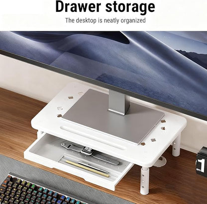 Asixxsix Desk Monitor Stand Riser, 3 Height Adjustable Laptop Riser with Drawer Storage Airflow Vents 44lbs Load Capacity Carbon Steel Tabletop Organizer for Printer Doucement Holder (White)