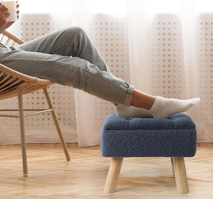Storage Ottoman, Small Foot Stool Ottoman with Storage, Boucle Teddy Velvet Foot Rest with Padded Seat, Sturdy Wood Legs Stool for Living Room, Bedroom, Couch, Enterway (Dark Blue)