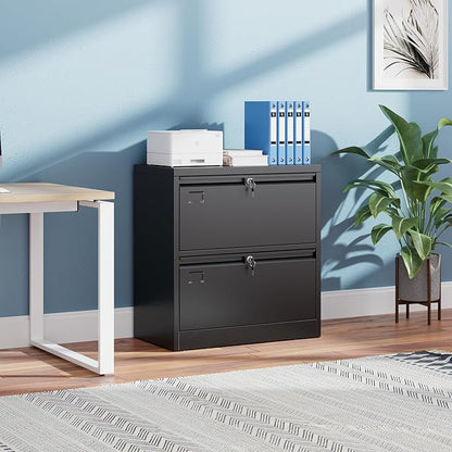 SUXXAN Metal 2 Drawer Lateral File Cabinet, Wide Filing Cabinet with Lock for Letter/Legal/F4/A4 Hanging Files - Includes Business Card Holder,Home Office School Storage,Black