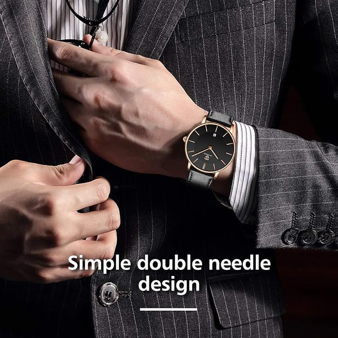 L LAVAREDO Watch for Men, Extremely Thin Mens Watches Minimalist Analog Men's Leather Wrist Watches with Time/Date, Birthday Gift for Men Boyfriend