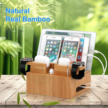 Pezin & Hulin Bamboo Charging Station for Multiple Devices, with Power Charger, Wire Cables 5 Pack, Compatible with Multi Phones & Tablet, for Earbuds & Smart Watch