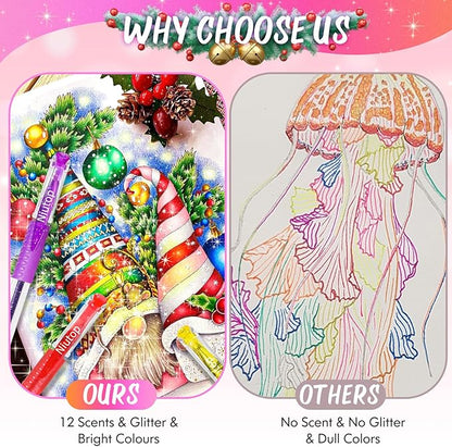 Stocking Stuffers for Kids Teens Girls Boys, 12-Color Scented Glitter Gel Pens, Coloring Markers Colored Pen Set, Cute Glitter Pens Journaling Supplies Fun Stationary, Halloween Christmas Gifts
