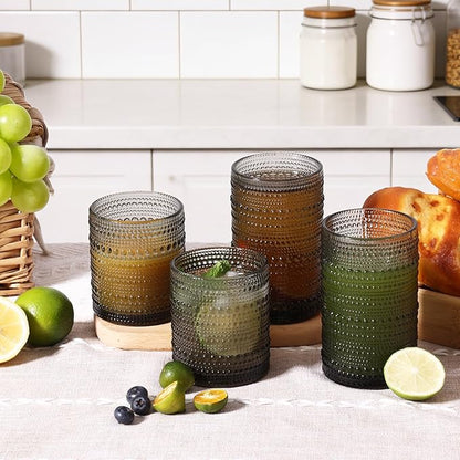 Moretoes Hobnail Drinking Glasses, 12 Piece Gray Water Glass Cups, Mixed Vintage Glassware Set, 6pcs 12oz Highballs and 6pcs 10oz old Fashioned Glasses, Great for Cocktail, Whisky and other Beverages