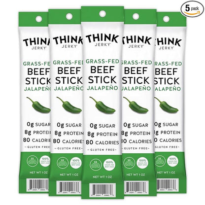 Think Jerky, Jalapeno Grass-Fed Beef Sticks 1 Ounce (Pack of 5) - Sugar Free, Gluten Free, No Nitrates, Keto Friendly, Paleo, High Protein, Low Carb