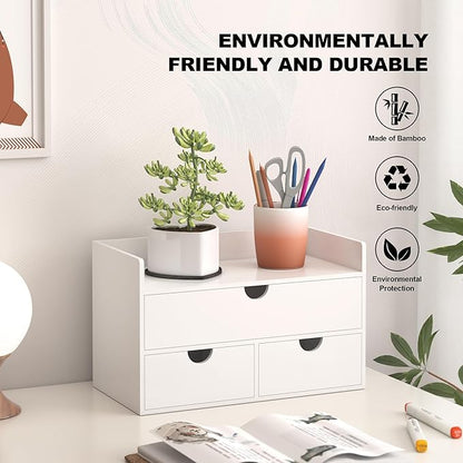 Wisuce Bamboo Desk Organizer - Mini Bamboo Desk Drawer Tabletop Cosmetic Storage Organization for Office or Home White with Shelf