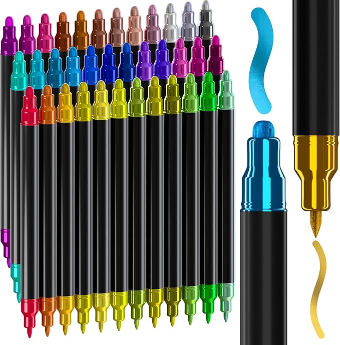 ARTISTRO 36 Metallic Acrylic Paint Markers for Rock, Fabric, Wood, Glass, Decoration - Dual-Tip Paint Pens for Coloring Books for Adults, Teens, Kids - Art and Craft Supplies Kit - Gift Idea