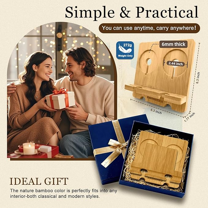 Bamboo Dual Cell Phone Holder for iPhone/iPad, Wood Wireless Charging Station Tablet Holder Nightstand, Double Phone Holder Desktop Stand for iPhone 17/16/15/14/13/12/11 Series and Android