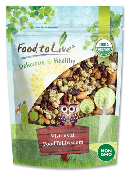 Organic Raw Munchies Snack Mix, 2 Pounds — Raw and Non-GMO Snack Mix Contains Cacao Nibs, Raisins, Almonds, Cashews, Walnuts, Goji Berries, Mulberries, Pumpkin Seeds. Vegan Superfood, Kosher