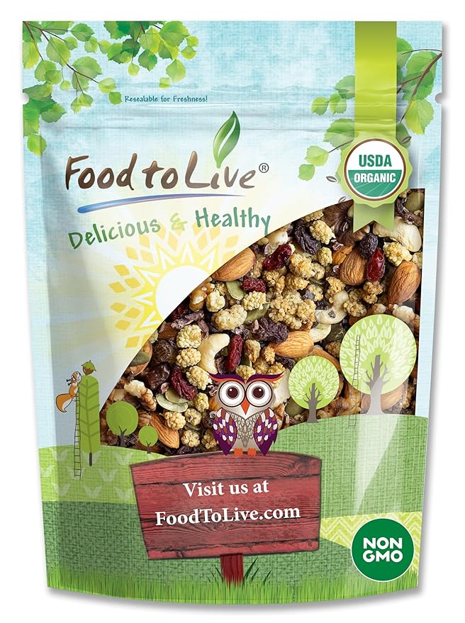 Food to Live Organic Raw Munchies Snack Mix, 8 Ounces — Raw and Non-GMO Contains Cacao Nibs, Raisins, Almonds, Cashews, Walnuts, Goji Berries, Mulberries, Pumpkin Seeds. Vegan Superfood, Kosher