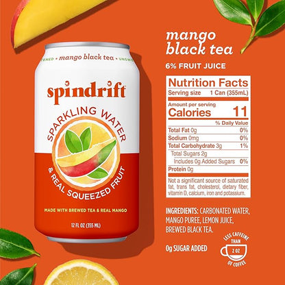 Spindrift Mango Black Tea Can 12 Ounce (Pack of 24)