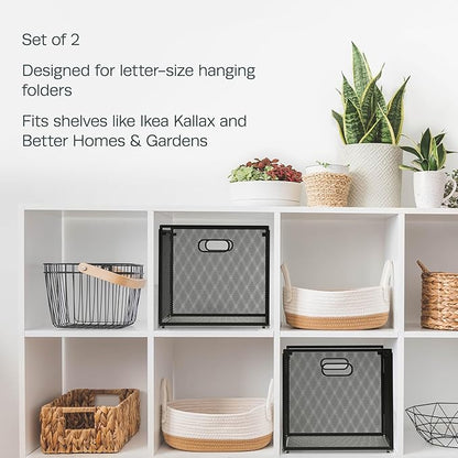 2 Pack Hanging File Box - Stackable Mesh File Folder Organizer with Handles, Fits Letter Size, Compatible with Kallax, Durable Metal File Organizer for Home Office Storage - 13.9"x12.3"x11.1"