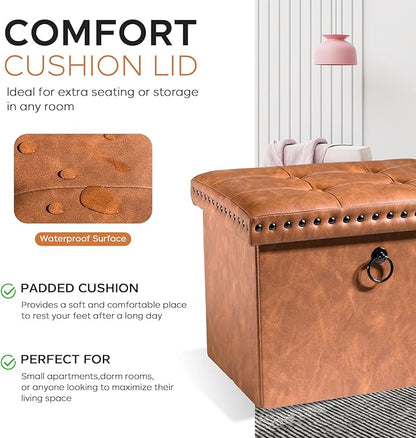 Folding Storage Ottoman 16in, Small Faux Leather Foot Rest Stool with Button Tufted Rivet Design, Footstool Bench, Ottoman with Storage for Living Room Bedroom Coffee Table 242 lbs, Brown