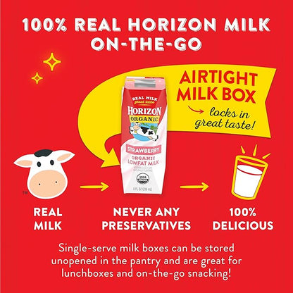 Horizon Organic Shelf Stable 1% Lowfat Strawberry Milk Boxes, 8 fl oz, 6 Count - 8g Protein per Serving, USDA Organic UHT from Pasture-Raised Cows, Ready to Drink for Lunchbox, Travel, or On-the-Go, No Refrigeration Needed