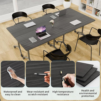 Conference Table, Folding Conference Room Tables on Wheels, Modern Meeting Seminar Table Computer Desk, Boardroom Desk for Office Meeting Conference Room,White (4, 1915D, 55.1)