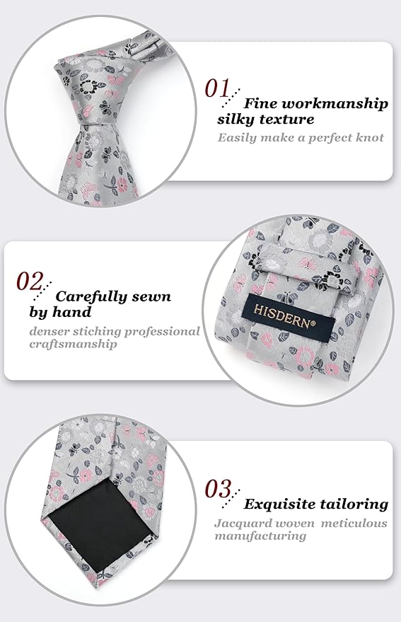 HISDERN Men Floral Ties Woven Classic 3.4" Necktie Set Formal Tie Pocket Square for Wedding with Handkerchief Gift Box
