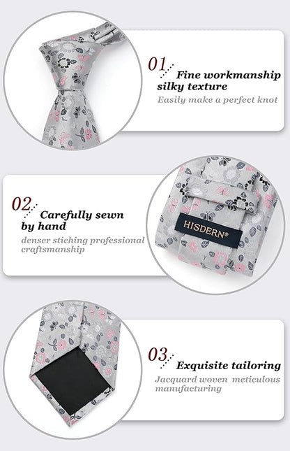 HISDERN Men Floral Ties Woven Classic 3.4" Necktie Set Formal Tie Pocket Square for Wedding with Handkerchief Gift Box