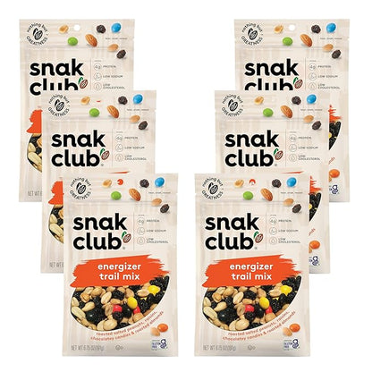 Snak Club Energizer Trail Mix with Roasted Salted Peanuts, Raisins, Chocolatey Candies, Roasted Almonds, Gluten-Free and Kosher Snack, 6.75 oz Resealable Bags, 6 Pack
