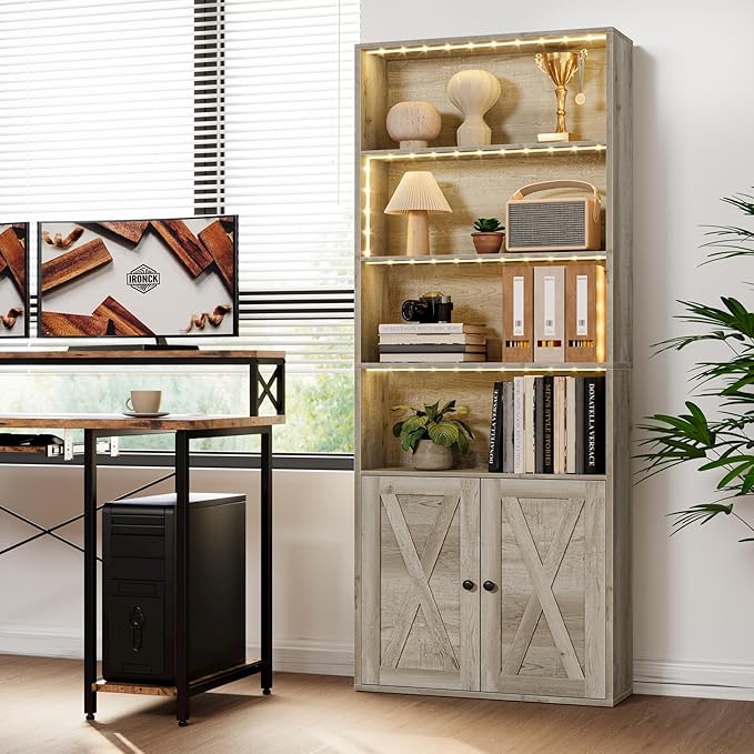 IRONCK Tall Bookcase with LED Lights, 70 in Industrial Bookshelves and Bookcases with Doors, 6 Shelf Display Storage Shelves Floor Standing for Home Office, Living Room, Bedroom