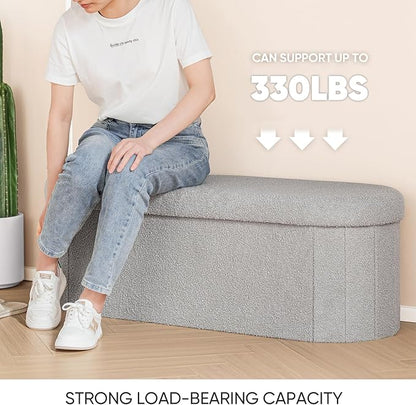 B FSOBEIIALEO Ottoman with Storage for Living Room, Sherpa Folding Storage Ottoman Foot Rest, 43.3 Inches Collapsible Bedroom Bench Grey