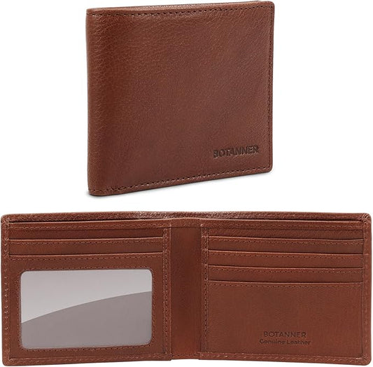 Genuine Leather Bifold Mens Wallet RFID Blocking 5 Credit Card Slots 1 ID Window 2 Sections for Bills 2 Additional Slots | Choco