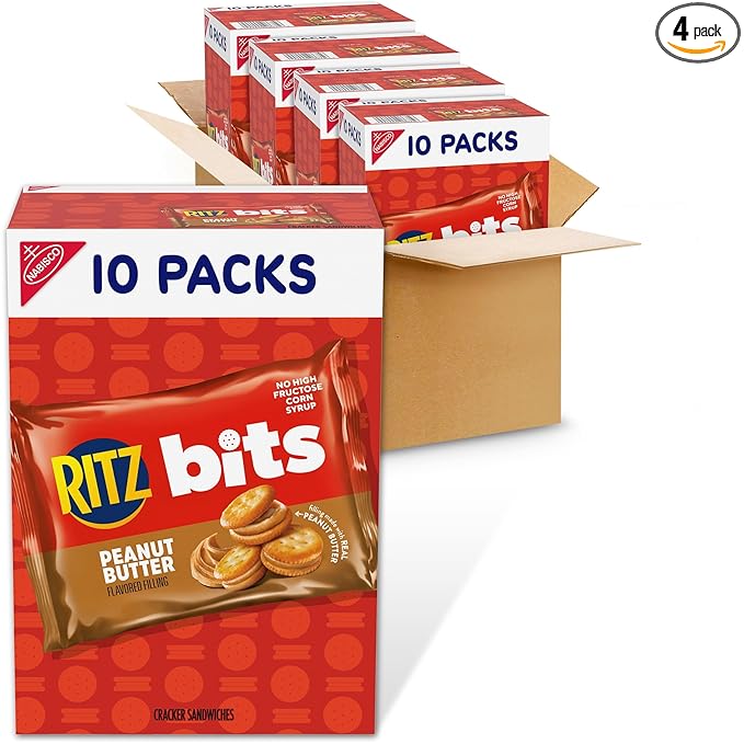 RITZ Bits Peanut Butter Sandwich Crackers, Bulk Lunch Snacks, 40 Snack Packs (4 Boxes)