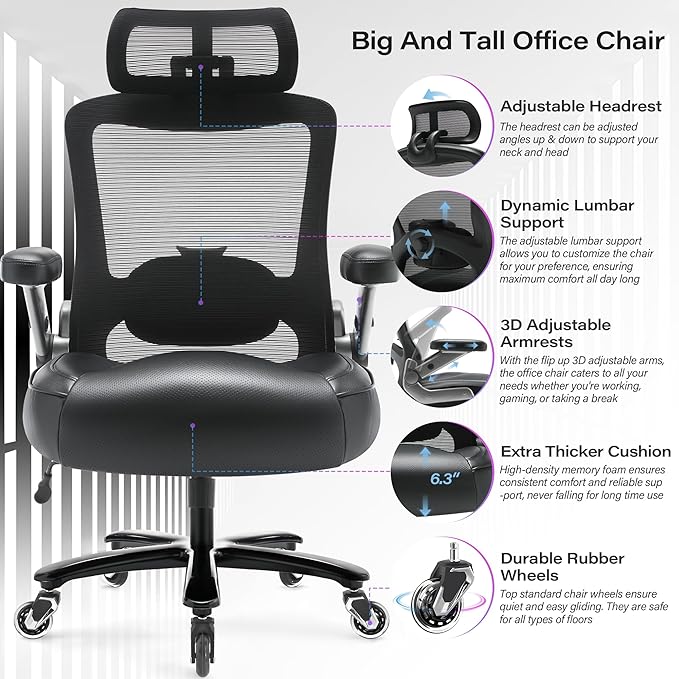 600lbs Big and Tall Office Chair- Heavy Duty Executive Computer Chair with 3D Flip Arms Large Wheels, Ergonomic Mesh High Back Desk Chair, Extra Wide Seat Adjustable Lumbar Support&Headrest