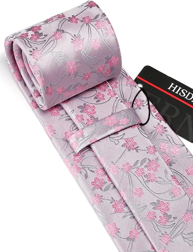 HISDERN Men Floral Ties Woven Classic 3.4" Necktie Set Formal Tie Pocket Square for Wedding with Handkerchief Gift Box