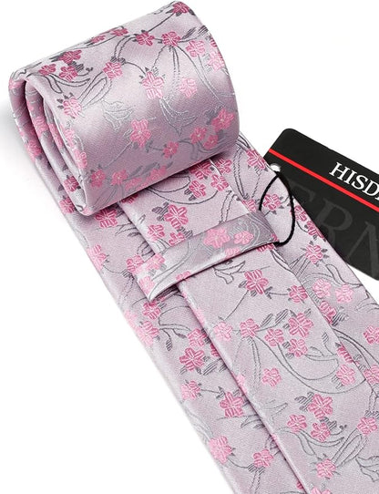 HISDERN Men Floral Ties Woven Classic 3.4" Necktie Set Formal Tie Pocket Square for Wedding with Handkerchief Gift Box