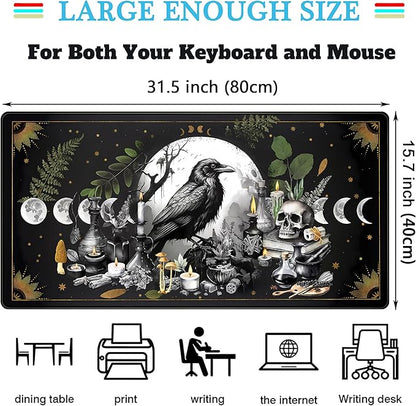 Cute Kawaii Raven Desk Mat XXL Large Extended Gaming Mouse Pad Nature Forest Gothic Mousepad with Stitched Edges, Anime Skull Laptop Keyboard and Mouse Mat Desk Pad for Work Game 31.5x15.7 in