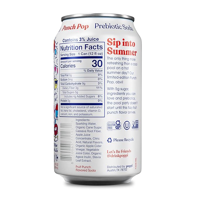 Poppi Sparkling Prebiotic Soda Beverage with Apple Cider Vinegar, Seltzer Water and Fruit Juice, Punch Pop, 12 Fl Oz, Pack of 12