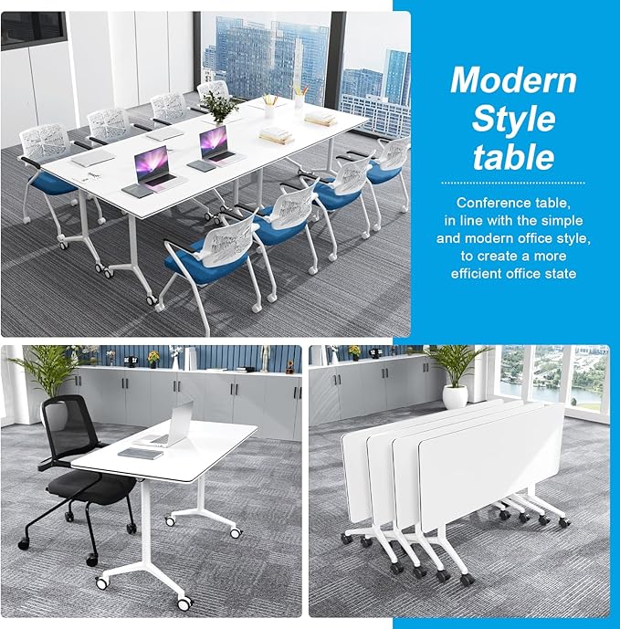 Folding Conference Table, Conference Room Tables Foldable Large Meeting Seminar Table on Wheels,Flip Top Boardroom Training Tables for Office, Classroom,Meeting (12, White, 70.8)