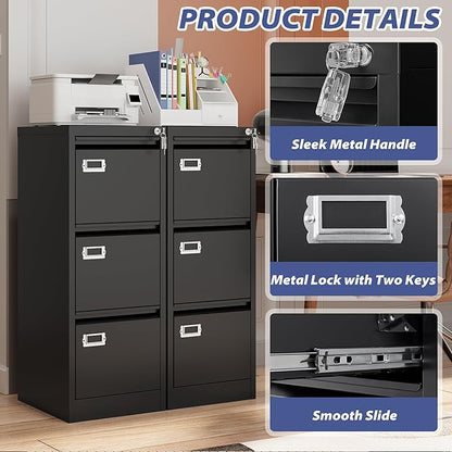 3 Drawer File Cabinet with Lock, Metal Filing Cabinets, Vertical Small Filing Cabinet Steel Lockable Storage Cabinets for Home Office to Organization Hanging Letter/Legal/F4/A4