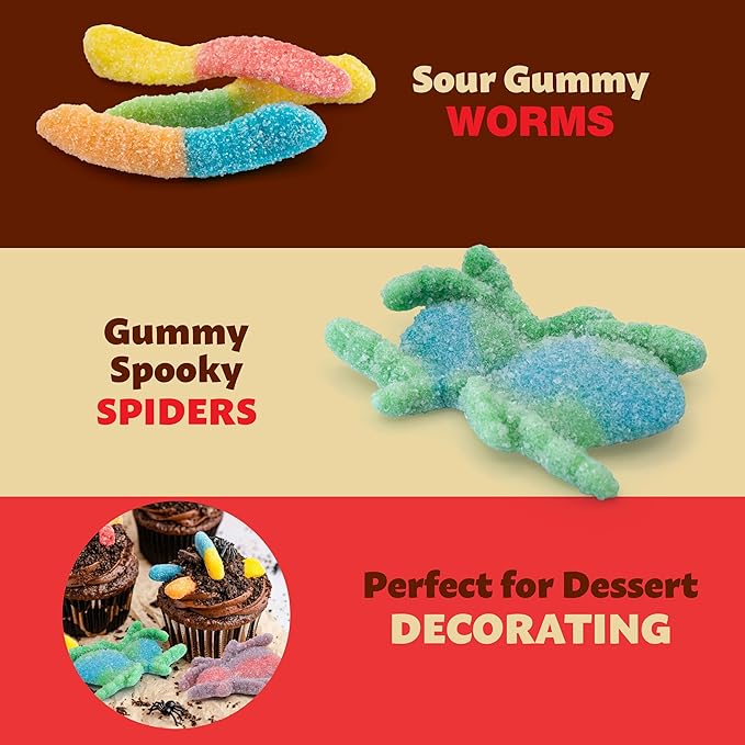 Sour Gummy Worms & Spiders Candy | 2-Pound Pack | Bulk Gummy Candy Mix | Neon Gummies for Party Favors, Dessert Decorating, Gifting and Everyday Snacking