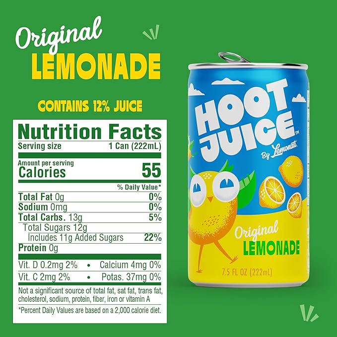Hoot Juice Lemonade By Lemonati, No Artificial Sweeteners or Flavors, Gluten-Free, Kosher, Non-GMO, Vegan, 7.5 Fl Oz Mini-Cans (24pk, Lemonade)