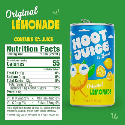 Hoot Juice Lemonade By Lemonati, No Artificial Sweeteners or Flavors, Gluten-Free, Kosher, Non-GMO, Vegan, 7.5 Fl Oz Mini-Cans (24pk, Lemonade)