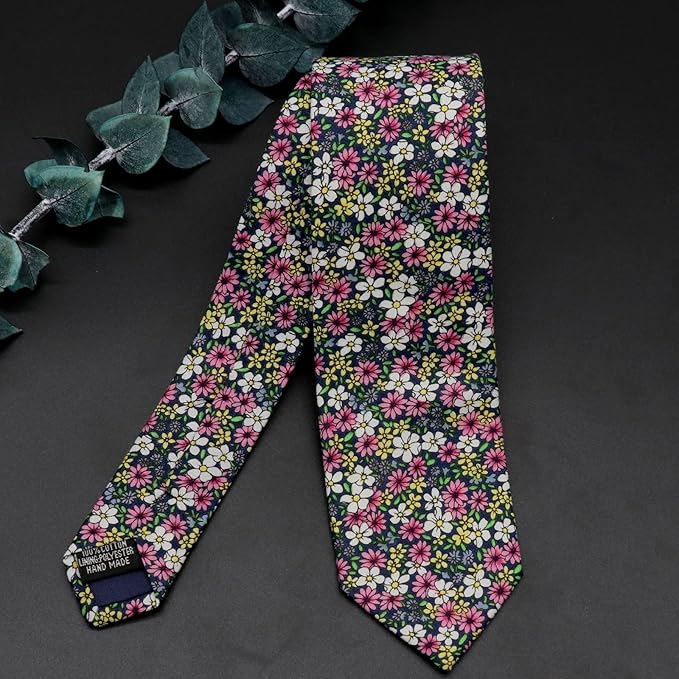 Cotton Floral Ties for Men 2.76" Men's Skinny Tie Linen Flower Printed Neck Tie for Wedding Dating Party