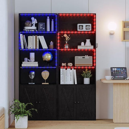IRONCK Tall Bookcase with LED Lights, 70 in Industrial Bookshelves and Bookcases with Doors, 6 Shelf Display Storage Shelves Floor Standing for Home Office, Living Room, Bedroom