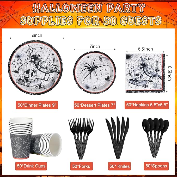 Halloween Party Plates Supplies,Disposable Vintage Skull,Spider Web Tableware Paper Plates and Napkins Cups Knives Spoons Forks for Halloween Birthday Baby Shower Party Decorations,Serve 25 Guests