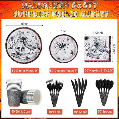 Halloween Party Plates Supplies,Disposable Vintage Skull,Spider Web Tableware Paper Plates and Napkins Cups Knives Spoons Forks for Halloween Birthday Baby Shower Party Decorations,Serve 25 Guests